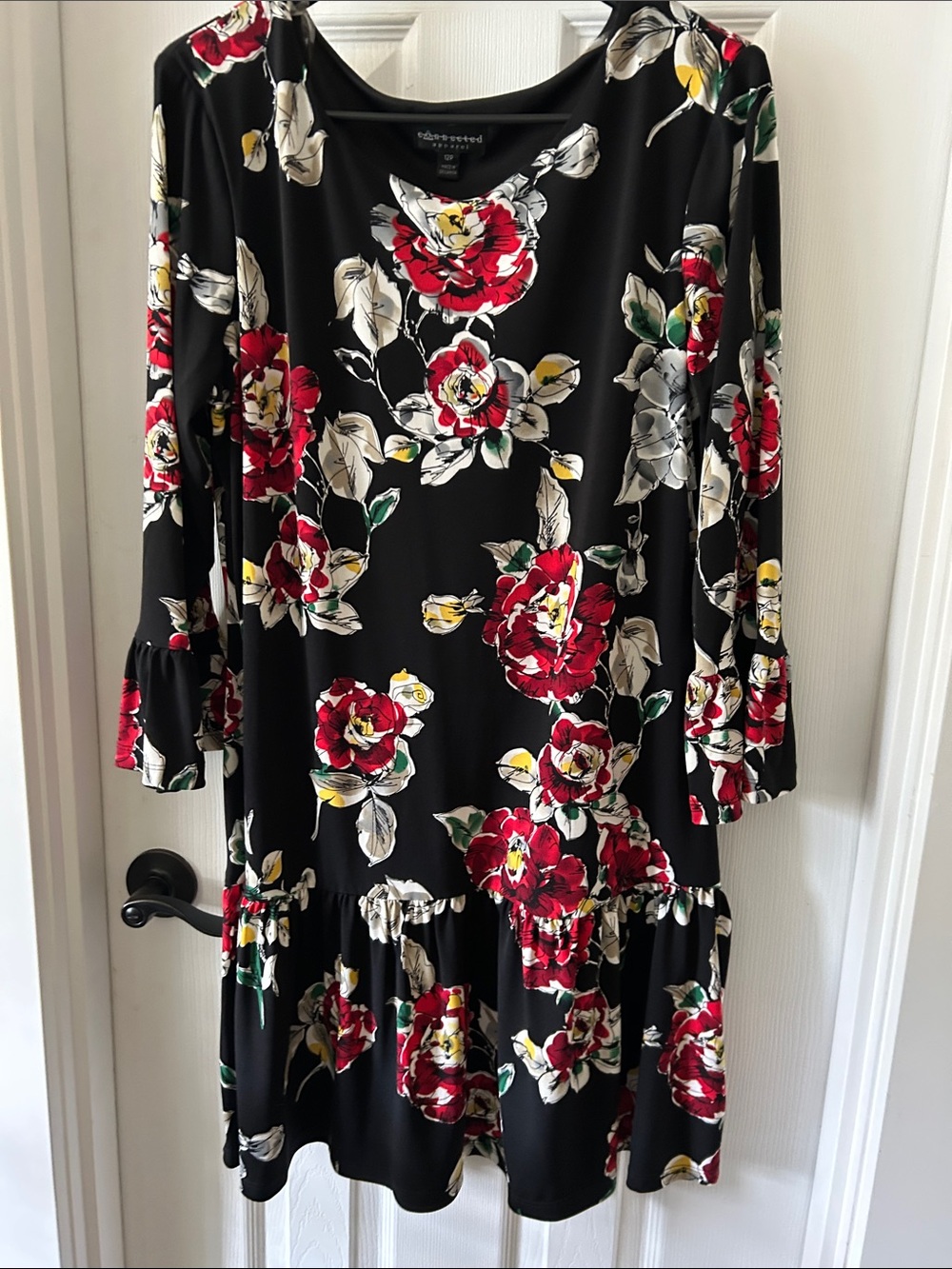 connected apparel Black Floral Long-Sleeve Tiered Dress with Red & Cream Blooms